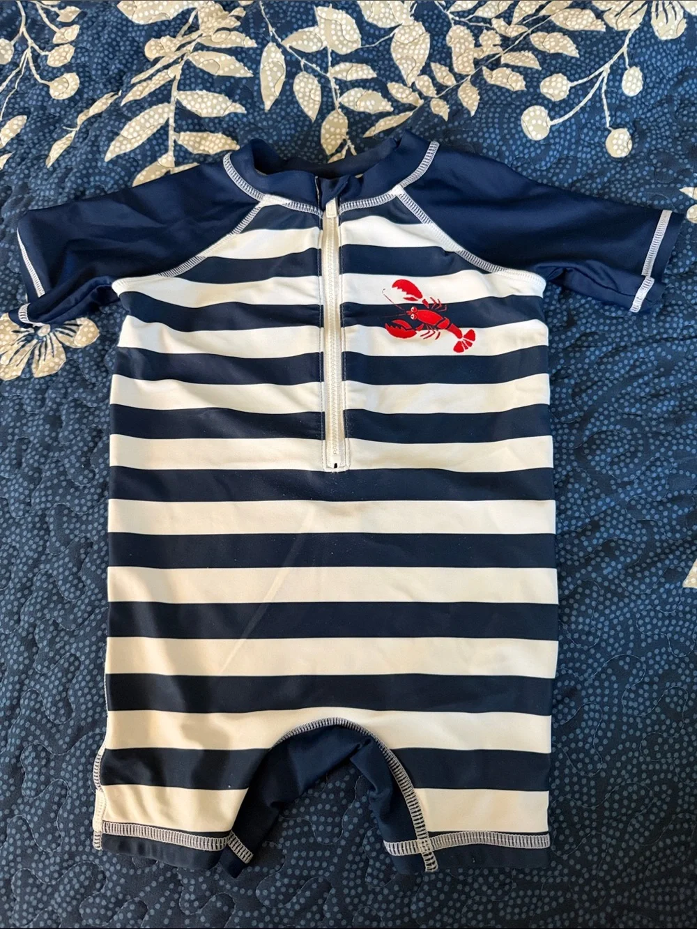 Floatimini Size 9M Navy & White Striped Rash Guard Swimsuit with Red Lobster